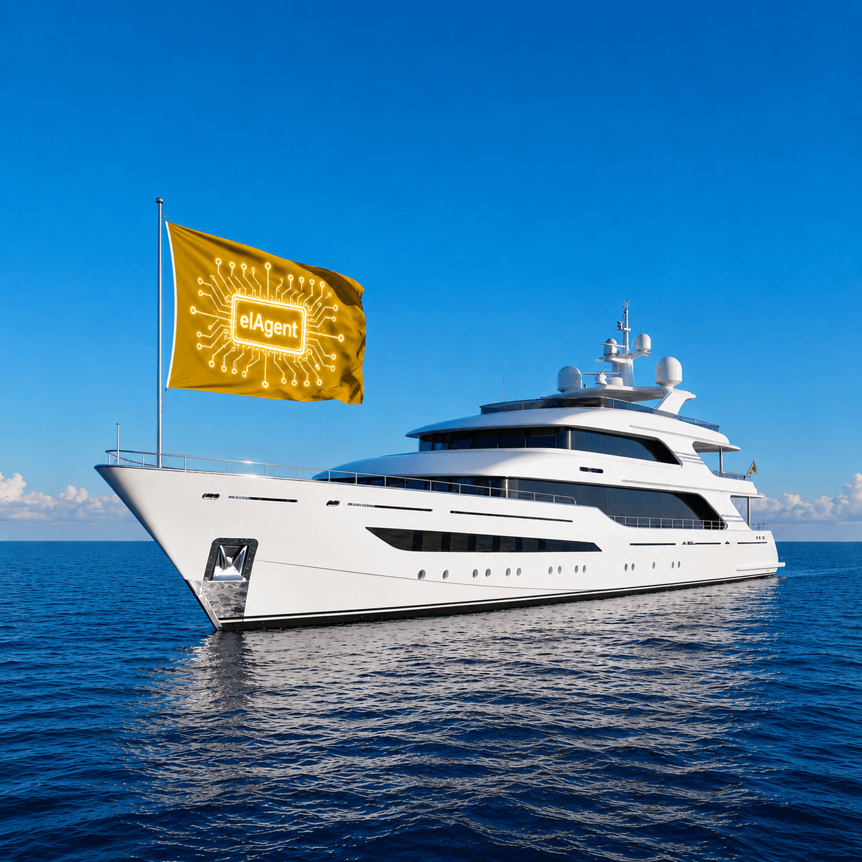 White flagship ship with gold AI flag